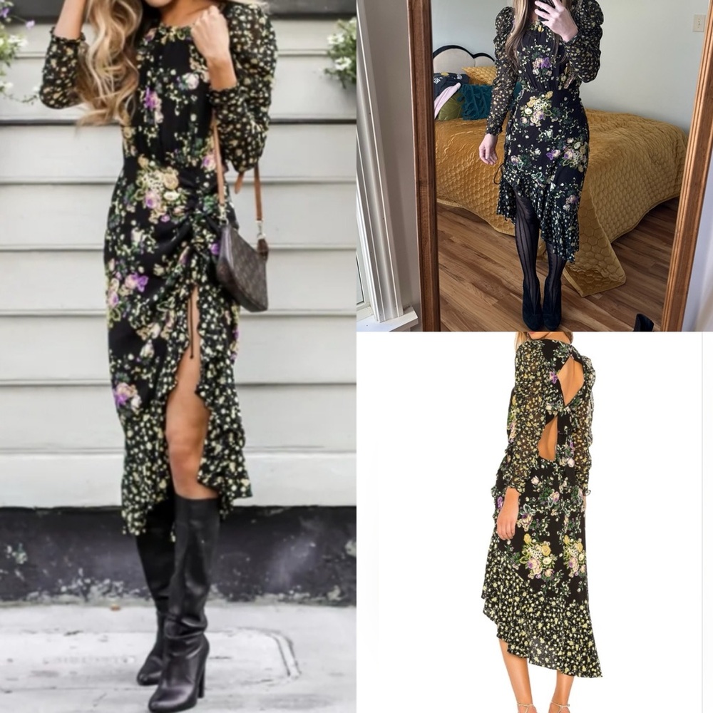 For Love and Lemons Ross Midi Dress Size XS dark October floral tie back open
